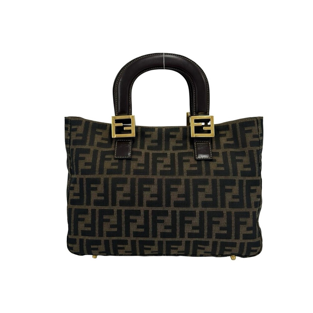 FENDI Vintage Zucca FF Pattern Canvas Leather Handbag Mini Tote Bag Brown Bla...